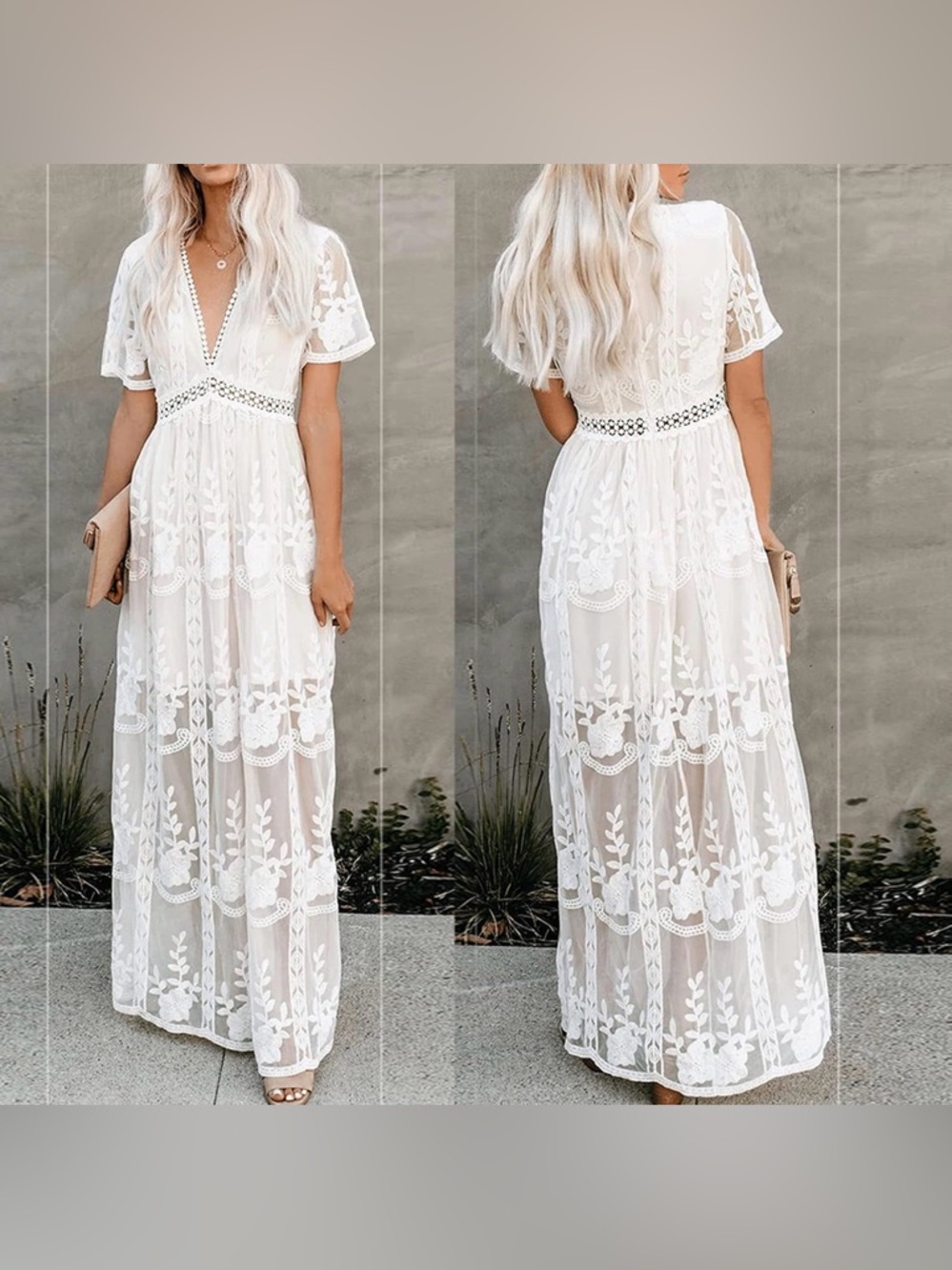 NWOT Deep V Neck Short Sleeve Floral Lace Dress Long Bridal Shower Maxi Dresses - Picture 1 of 15